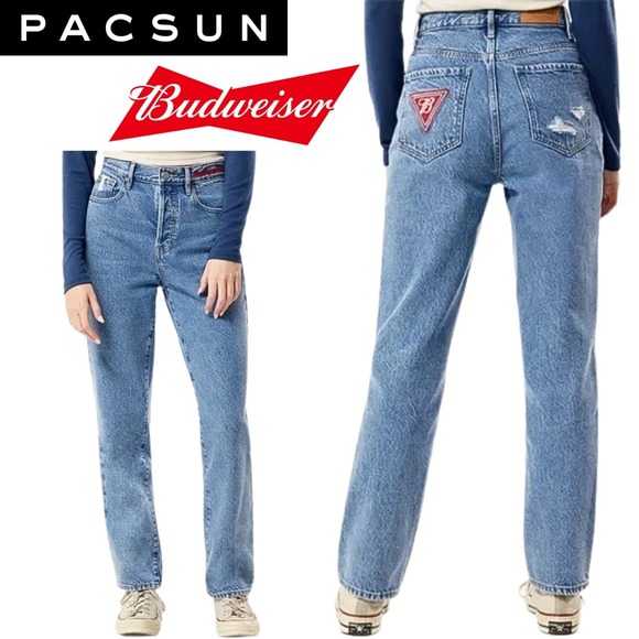 NWT, PacSun x Budweiser, Dad Jean Dale High Rise Relaxed Straight Leg Size 24 - Picture 1 of 8